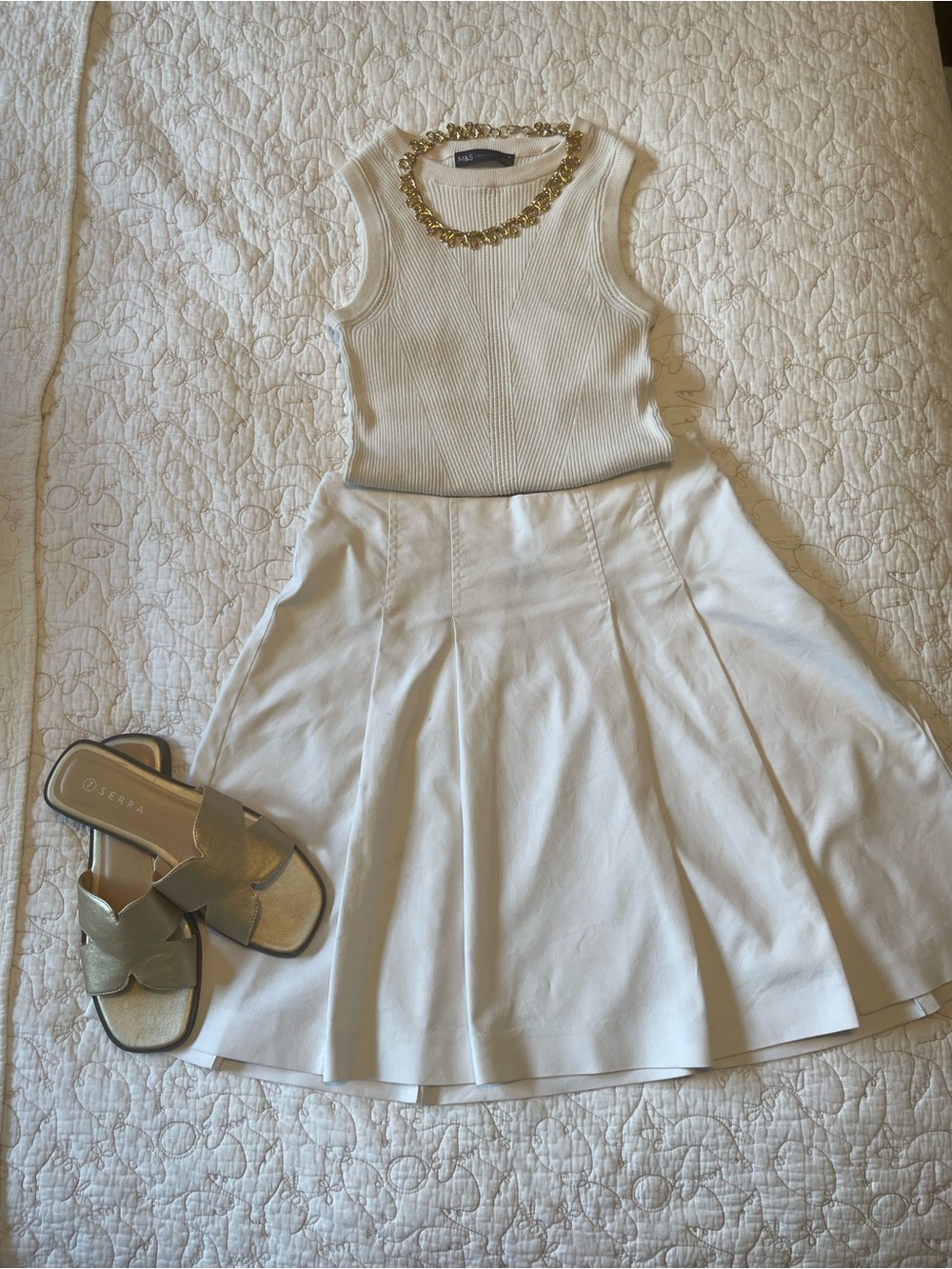 00’s White Cotton-stretch Pleated Skirt
